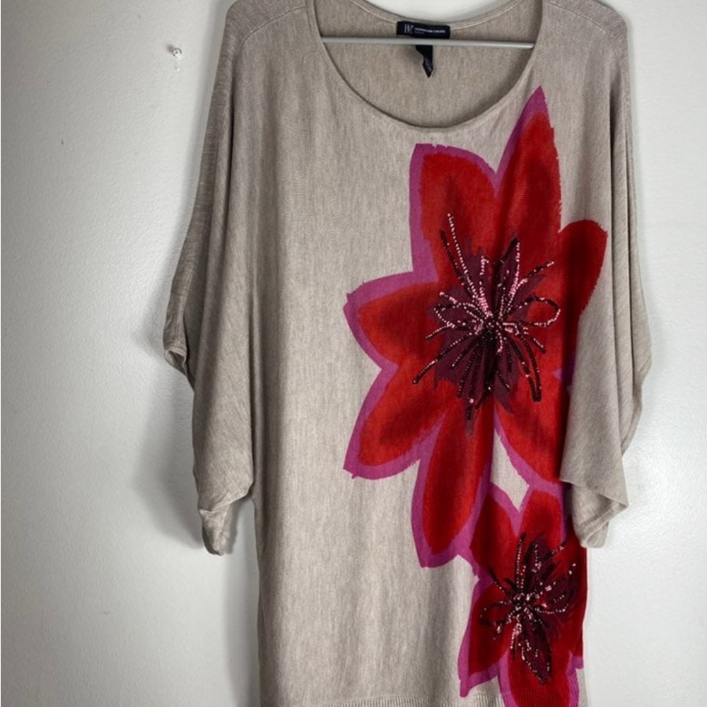 INC International Concepts Beige Top with Red Floral Design - Picture 8 of 8